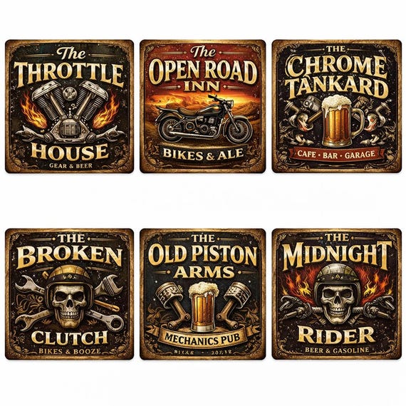 Vintage Biker Pub Coaster Set – Motorcycle Garage Bar Decor, Skull Rider Gift