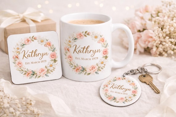 Personalised Gift set  - Mug, Coaster and Keyring -  Name, Birth Month and Year