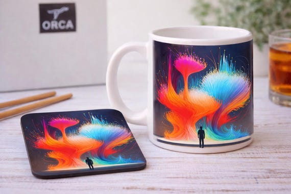 Abstract Fantasy Mug and Coaster Set Colourful Surreal Art Gift Modern Home Decor
