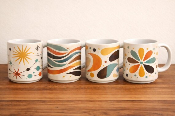 Mid Century Modern Mug Set Retro Abstract Coffee Cups Atomic Style Kitchen Decor