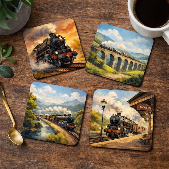 Vintage Steam Train Coaster Set, Railway Locomotive Drink Coasters (Set of 4)