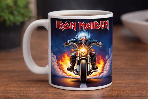 Iron Maiden Biker Mug – Heavy Metal Skull Motorcycle Coffee Cup – Rock Band Inspired Gift for Bikers & Metal Fans