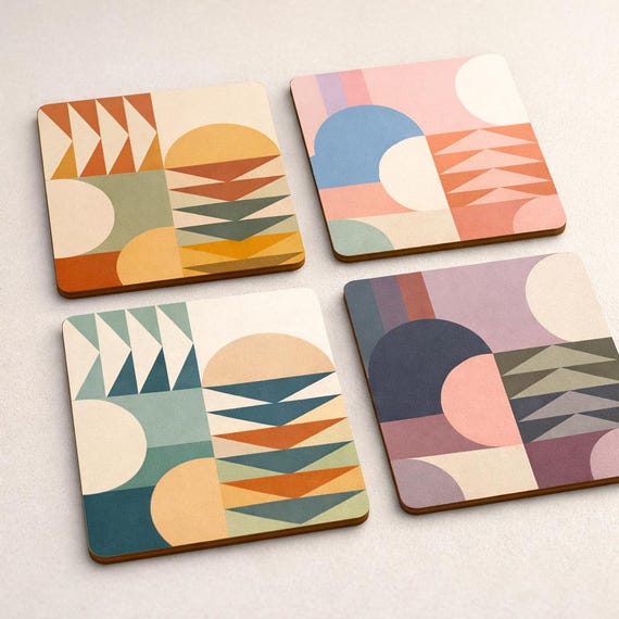 Mid Century Modern Coasters, Set of 4 Geometric Drink Coasters