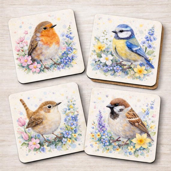 British Garden Birds Coaster Set Robin Blue Tit Wren Sparrow Watercolour Wildlife Coasters Cottagecore Kitchen Decor Nature Lover Gift