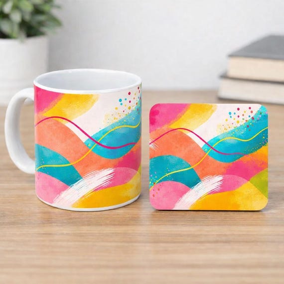 Vibrant Abstract Art Mug & Coaster Set – Colourful Gift for Home or Office