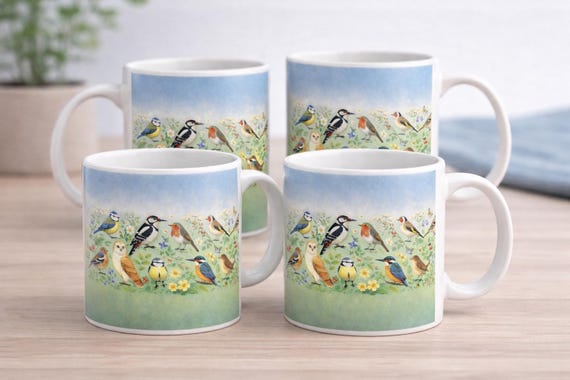 British Birds Mug Set of 4 – Wildlife Illustration Coffee Mugs – Nature Inspired Gift – Garden Bird Lovers Cup Set