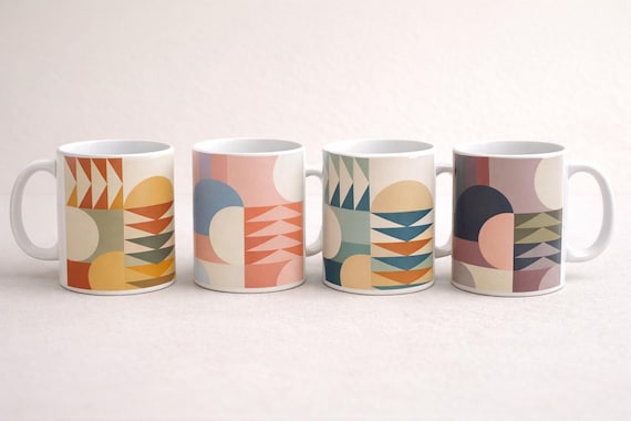 Modern Geometric Mug Set of 4 Abstract Pattern Coffee Mugs
