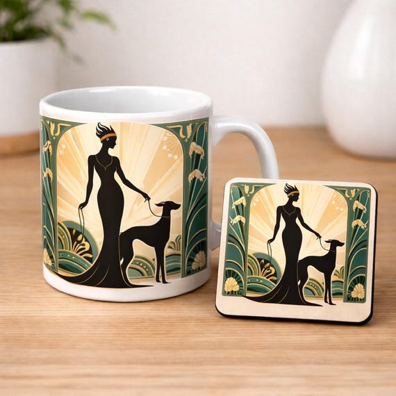 Art Deco Lady and Greyhound Mug and Coaster Set Elegant Vintage Style Gift