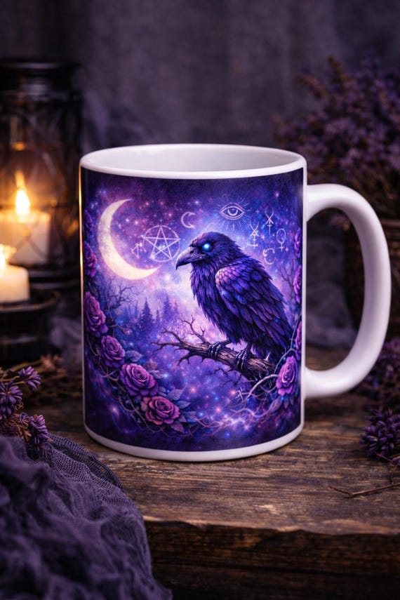 Dark Fantasy Raven Mug – Gothic Celestial Coffee Cup