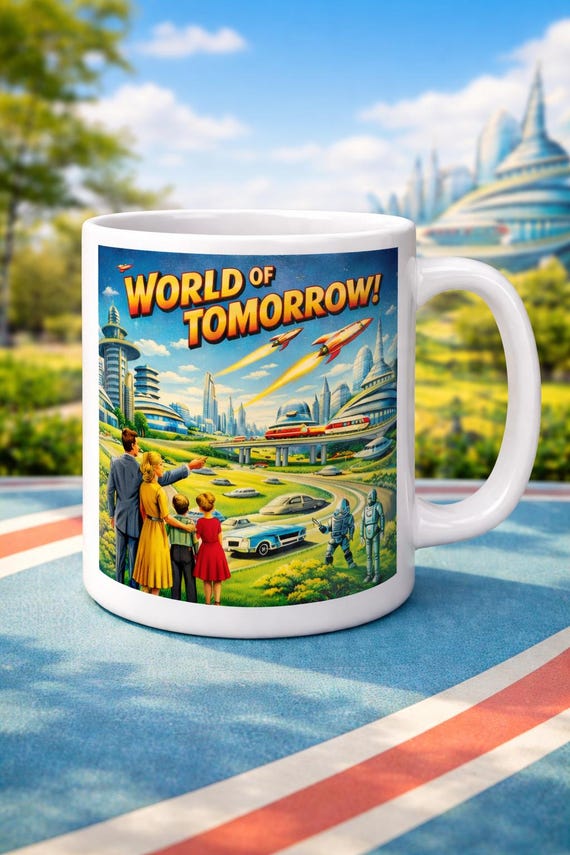 Retro 1950s World of Tomorrow Mug – Vintage Futuristic Space Age Design Coffee Cup Gift