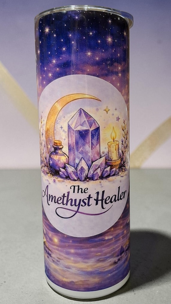 Amethyst Healer Tumbler | Celestial Moon, Crystal Design, Spiritual Drinkware
