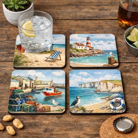 British Seaside Coasters: Beach Hut, Lighthouse, Harbour, Cliffs Coastal Home Decor Set
