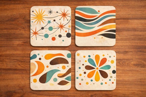 Mid Century Modern Coaster Set Colourful Abstract Retro Drinks Mats Home Decor
