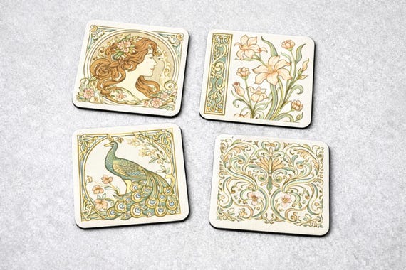Art Nouveau Coasters Set: Vintage Floral Peacock Design