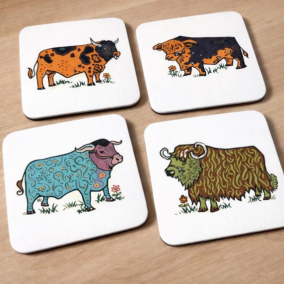 Highland Cow Coaster Set, Folk Art Farmhouse Kitchen Decor, Country Style Drink Coasters