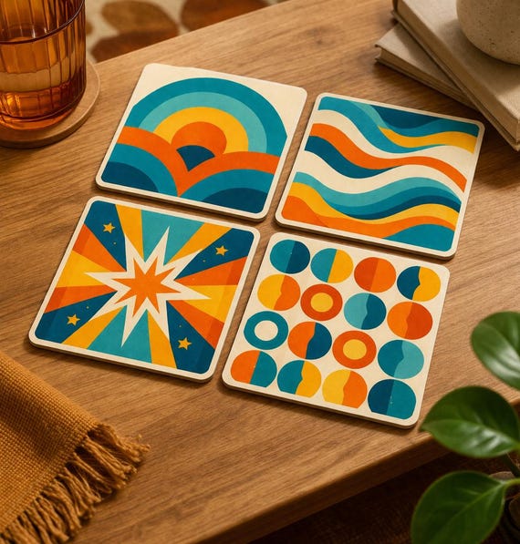 Retro 70s Geometric Coaster Set: Teal, Orange, Yellow Mid Century Modern Home Decor