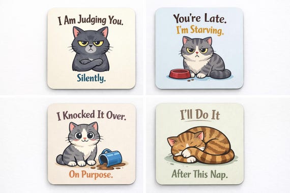 Funny Cat Coaster – Single Square Coaster Or Set of 4