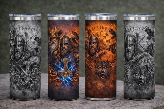 Viking Norse Mythology Tumbler | Mjolnir Thor Hammer Wolf Raven Design | 20oz Slim Stainless Steel Cup