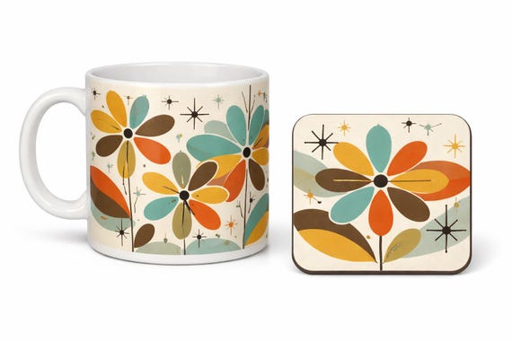 Mid-Century Modern Mug and Coaster Sets – 3 Retro Designs to Choose From