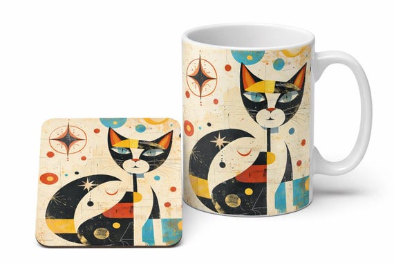Mid Century Modern Cat Mug and Coaster Set Retro Abstract Feline Art Gift