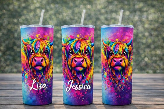 Personalised Psychedelic Highland Cow Tumbler, Custom Name Skinny Cup