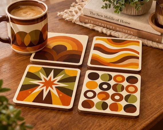 Retro 70s Pattern Coasters Set of 4, Mid Century Modern Geometric Drinkware