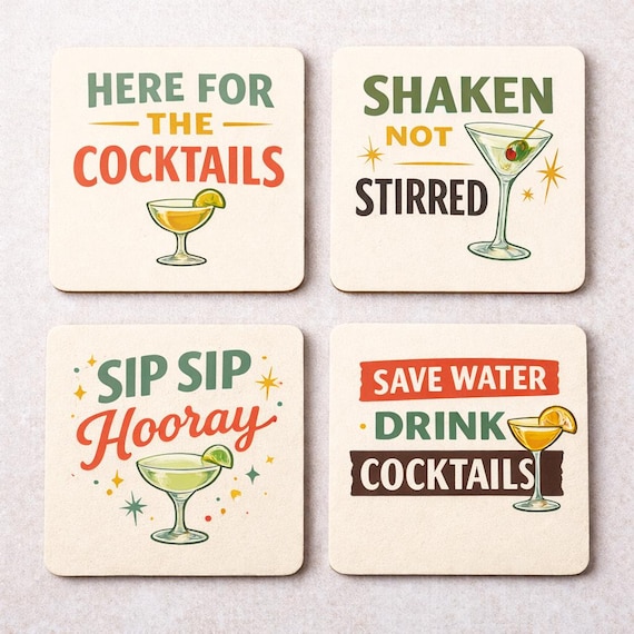 Retro Cocktail Coaster Set, Vintage Bar Decor, Funny Drink Quotes (Set of 4)