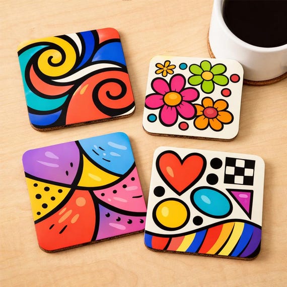 Colourful Abstract Art Coaster Set of 4 – Modern Pattern Drink Coasters – Bright Table Protection