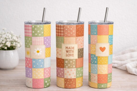 Patchwork 20oz Skinny Tumbler with Straw Cute Quilted Design Spring Summer Gift Reusable Cup. Hot or Cold drinks