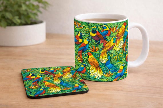 Colourful Tropical Birds Mug and Coaster Set Bright Jungle Art Gift Nature Lover Drinkware