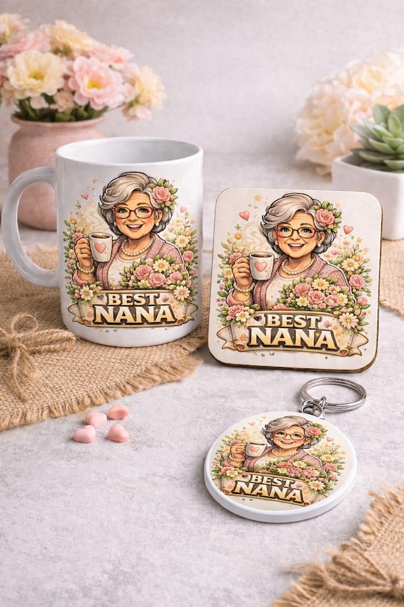 Best Nana Gift Set - Grandma Mug, Coaster & Keychain |Birthday Christmas Gift. Can be Personalised and design to look like your loved one