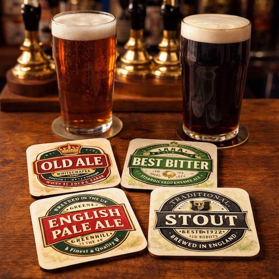 British Pub Beer Coaster Set, Vintage Pump Clip Ale Mats, Man Cave Bar Decor
