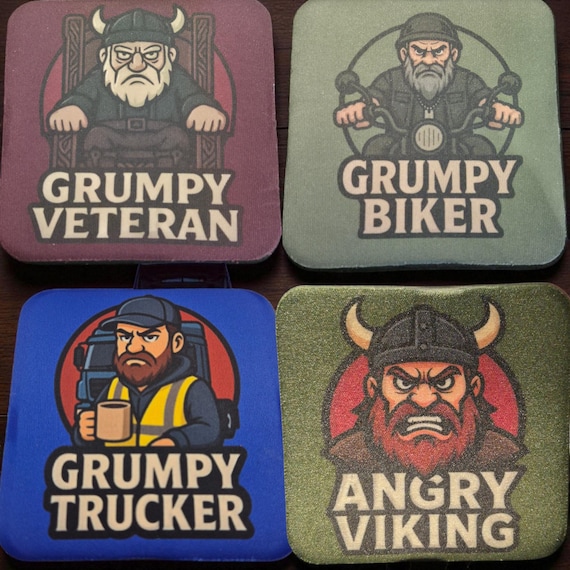 Set of Four Coaster - Angry Viking, Grumpy Trucker, Grumpy Grandad, Veteran Biker.