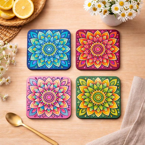 Colourful Mandala Coaster Set of 4 | Boho Drink Coasters | Bright Floral Table Decor