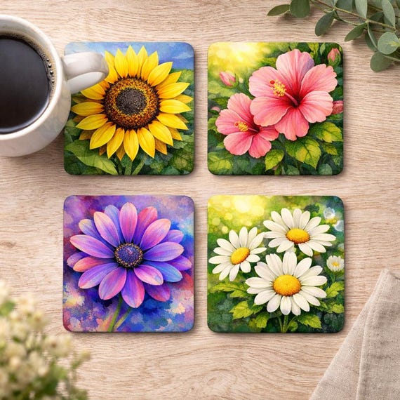 Floral Coasters Set of 4 Colourful Flower Drinks Coasters