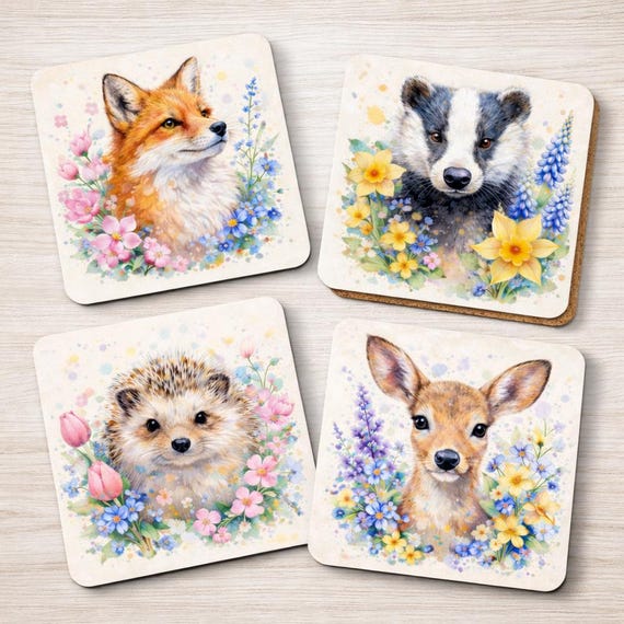 Woodland Animal Coaster Set: Fox, Badger, Hedgehog, Deer Watercolour Wildlife Art