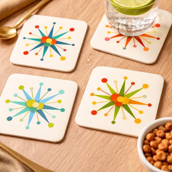Mid Century Modern Coasters Set: Atomic Starburst Retro Drinks Mats (Set of 4)