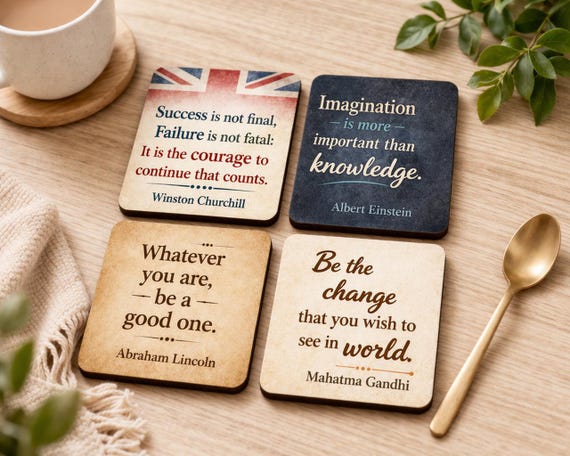 Set of 4 Inspirational Quote Coasters: Motivational Drinkware, Vintage Home Decor