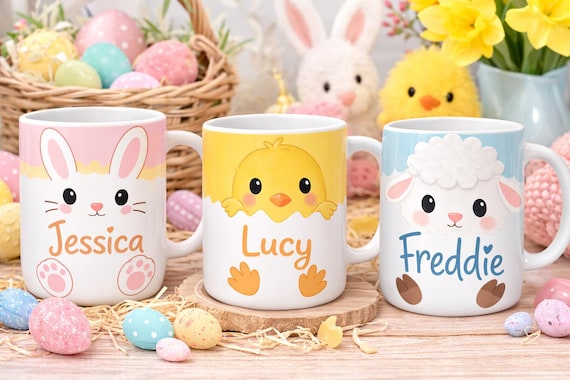 Personalised Easter Mug, Custom Name Childrens Spring Animal Cup