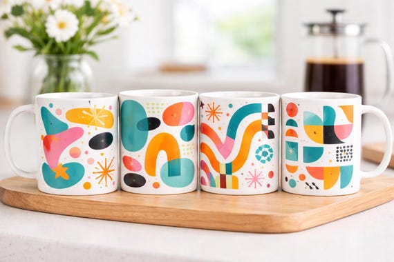 Mid-Century Modern Abstract Mug Set of 4 – Bright Retro Design