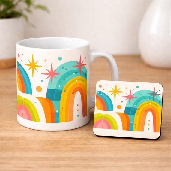 Retro Rainbow Mug and Coaster Set Mid Century Modern Colourful Gift