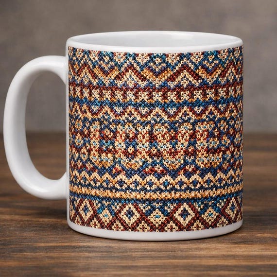 LOVE Cross Stitch Style Mug – Colourful Retro Pattern Coffee Cup