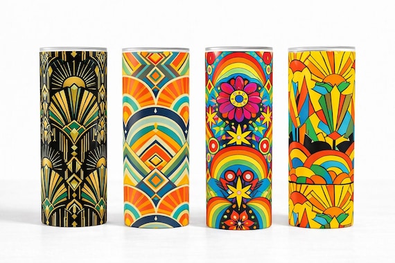 Retro Art Deco Tumblers - Colourful Mid Century Modern Drinkware – Abstract Psychedelic Design – Reusable Hot & Cold Cups