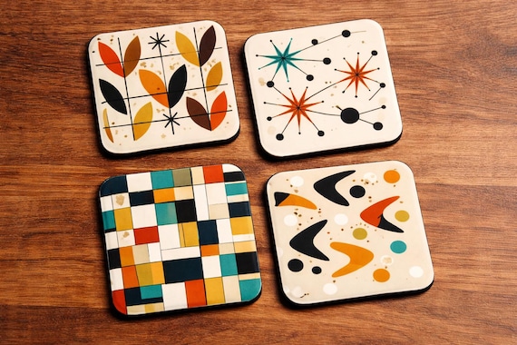 Mid Century Modern Coaster Set of 4 – Retro Geometric Designs