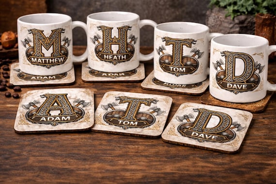 Personalised Viking Mug and Coaster Norse Initial Gift Celtic Knot Custom Name Mug