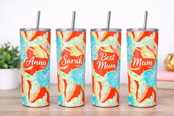 Personalized Floral Tumbler, Bright Watercolor Flower Cup, Mum Gift