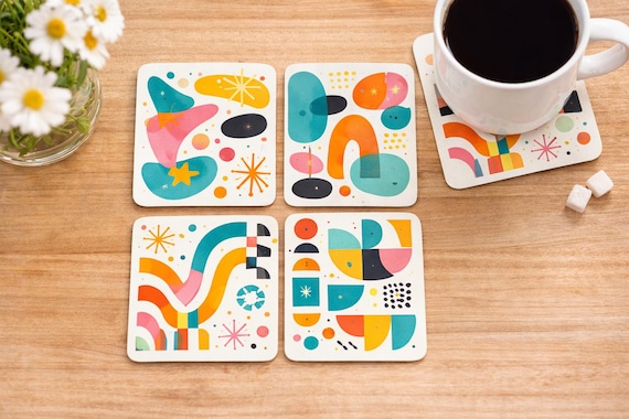 Mid-Century Modern Abstract Coaster Set of 4 – Bright Retro Design