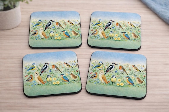British Birds Coaster Set of 4 – Wildlife Drinks Coasters – Garden Bird Illustration – Nature Lover Gift