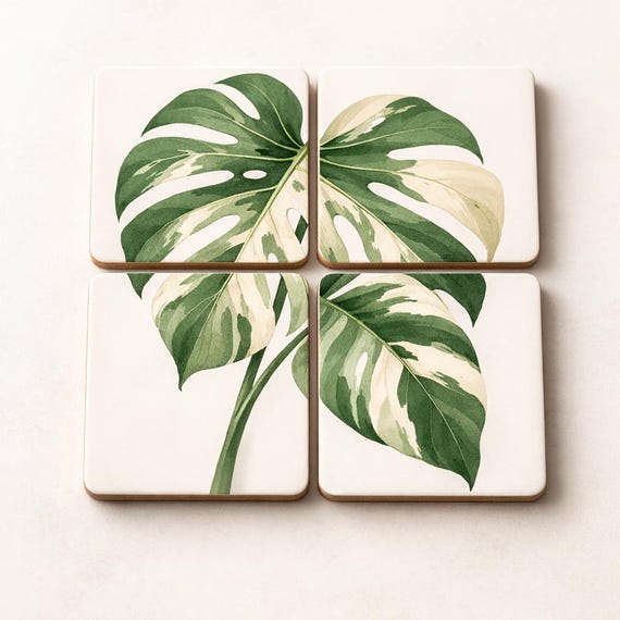 Monstera Albo Coaster Set – Botanical Leaf Drink Coasters, Tropical Plant Decor
