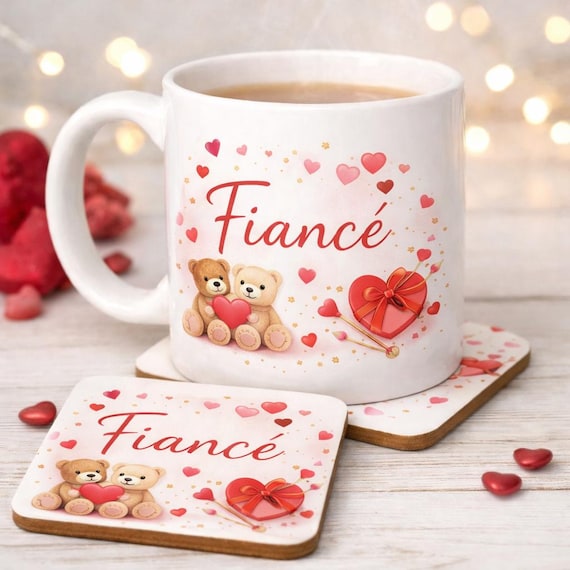 Fiancé Mug & Coaster Set: Valentine's Day Gift, Teddy Bear Design